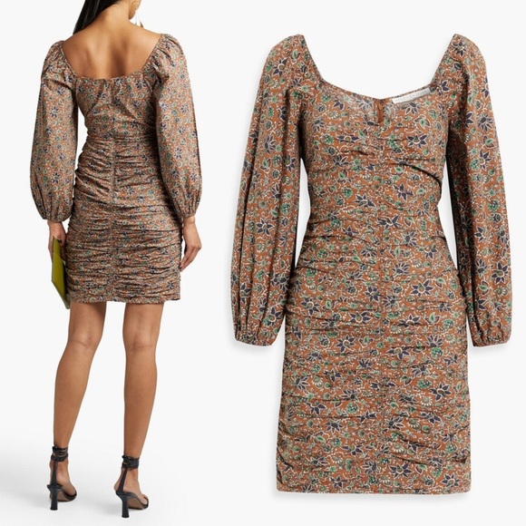 VERONICA BEARD Floral Paisley Sweetheart Neck Puff Long Sleeve Ruched Dress 4 - Picture 11 of 11